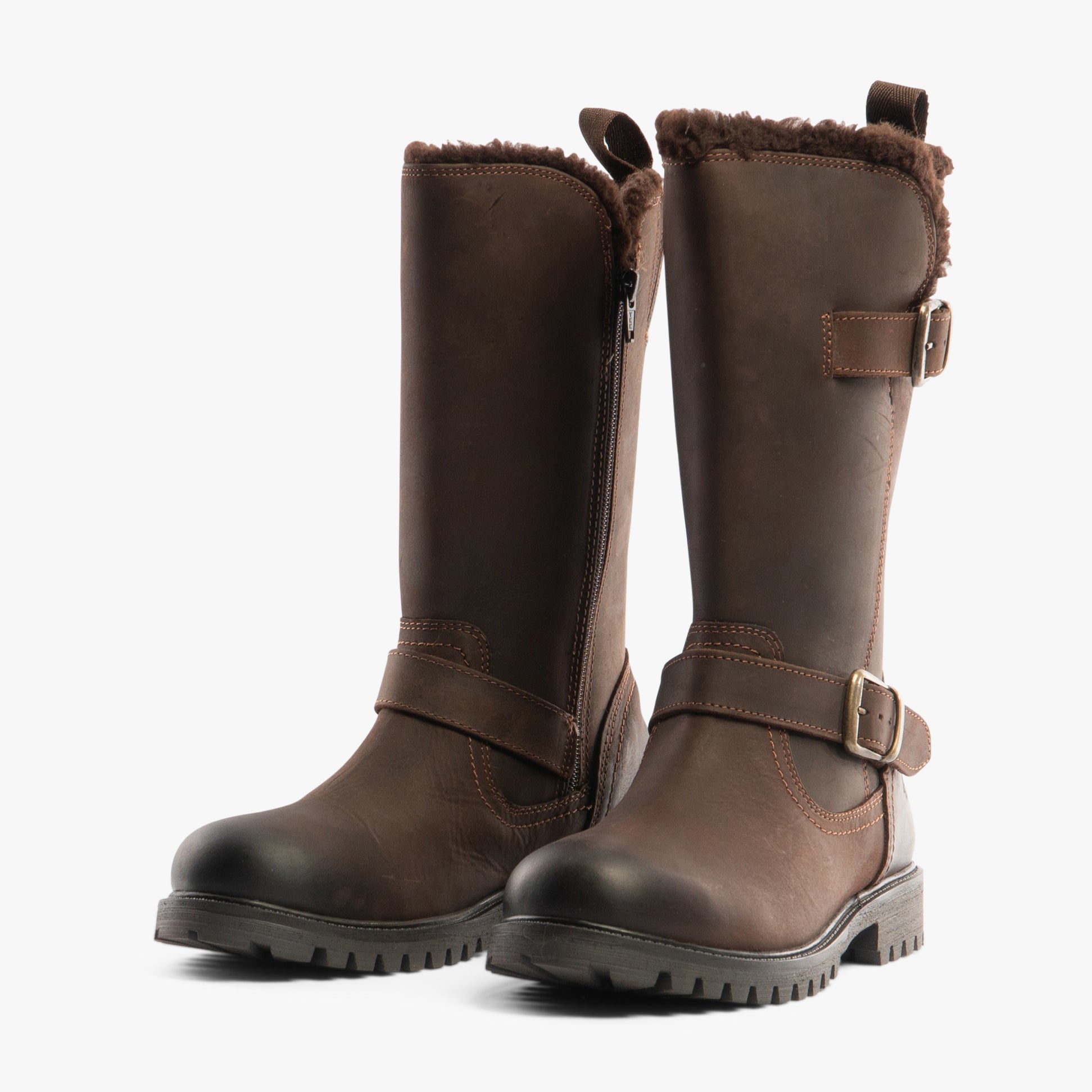 Hush Puppies WINNIE Womens Boots Brown side view showcasing tall leather design with strap and fur collar.