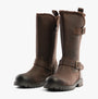 Hush Puppies WINNIE Womens Boots Brown side view showcasing tall leather design with strap and fur collar.