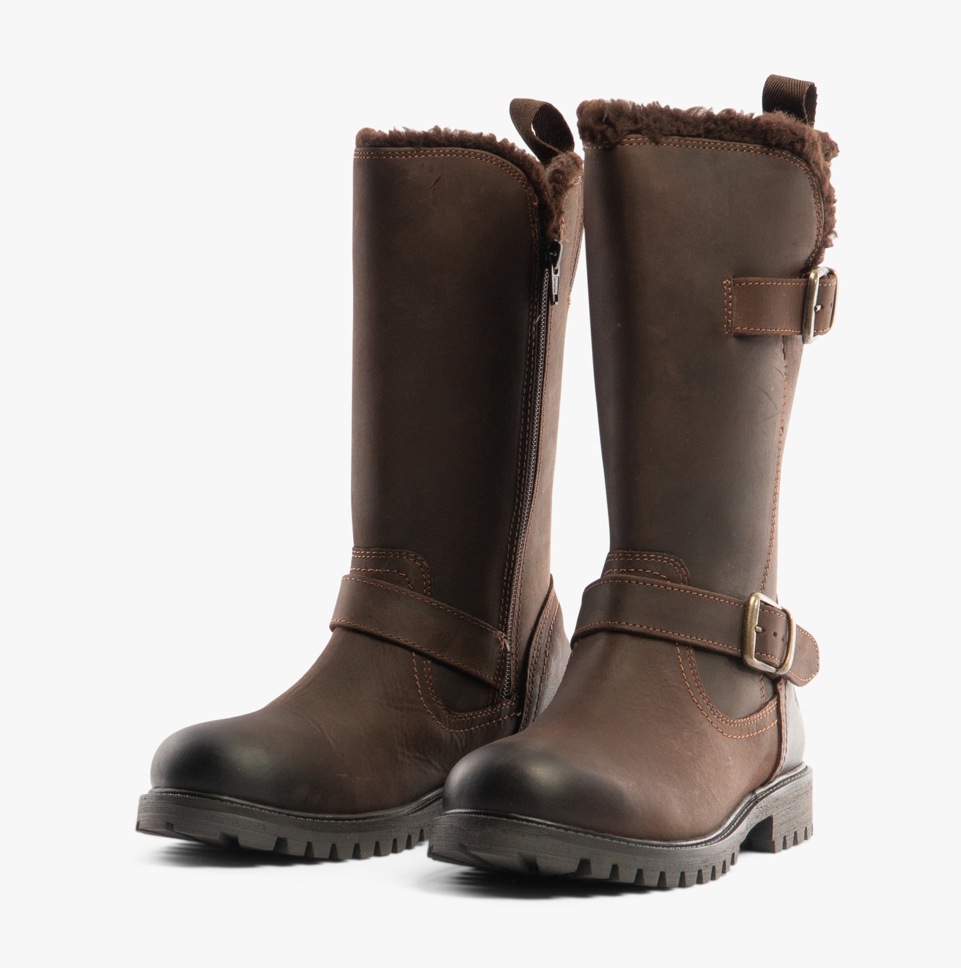 Hush Puppies WINNIE Womens Boots Brown side view showcasing tall leather design with strap and fur collar.