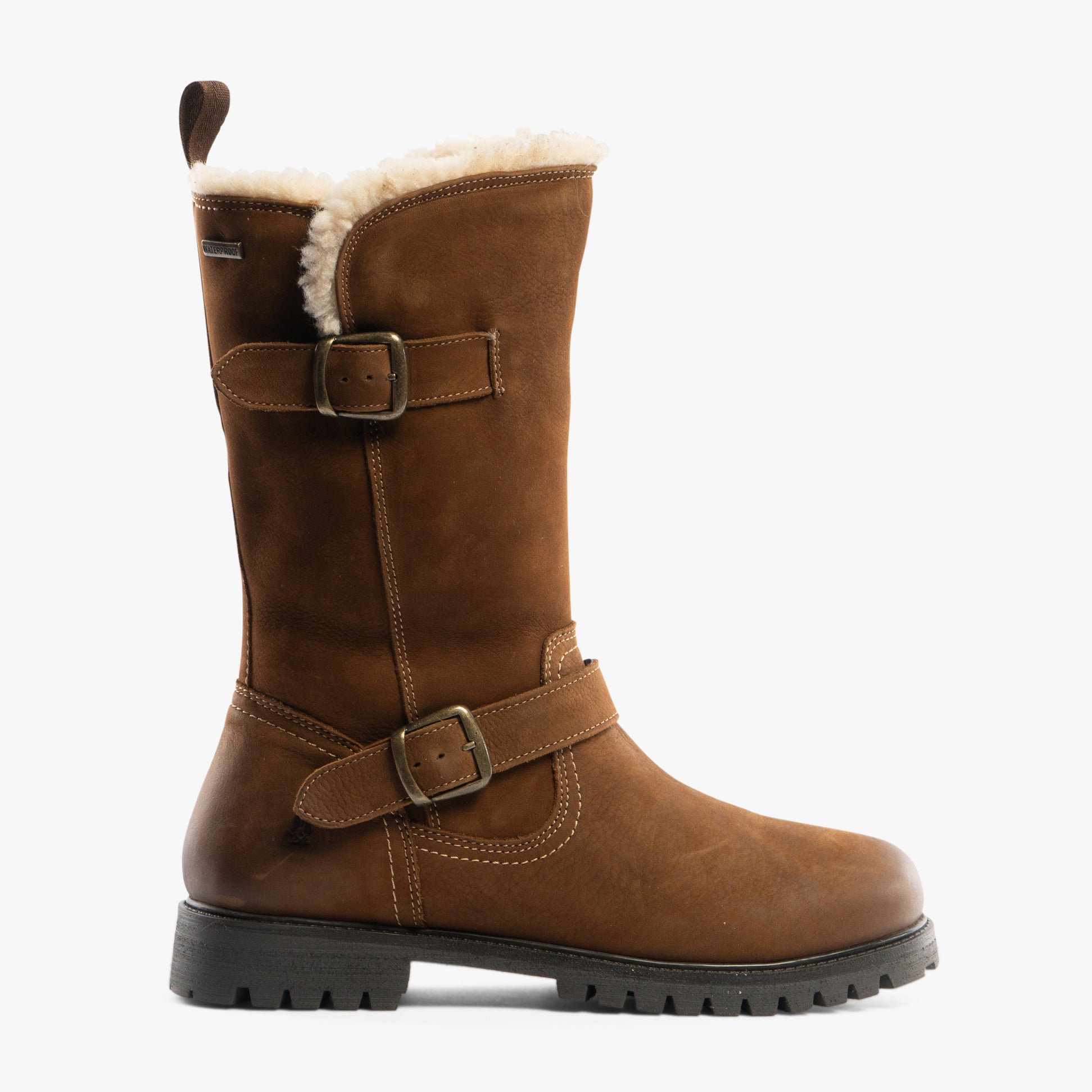 Hush Puppies WINNIE Womens Boots Tan side view showing tall leather design with buckle detail and fur lining.