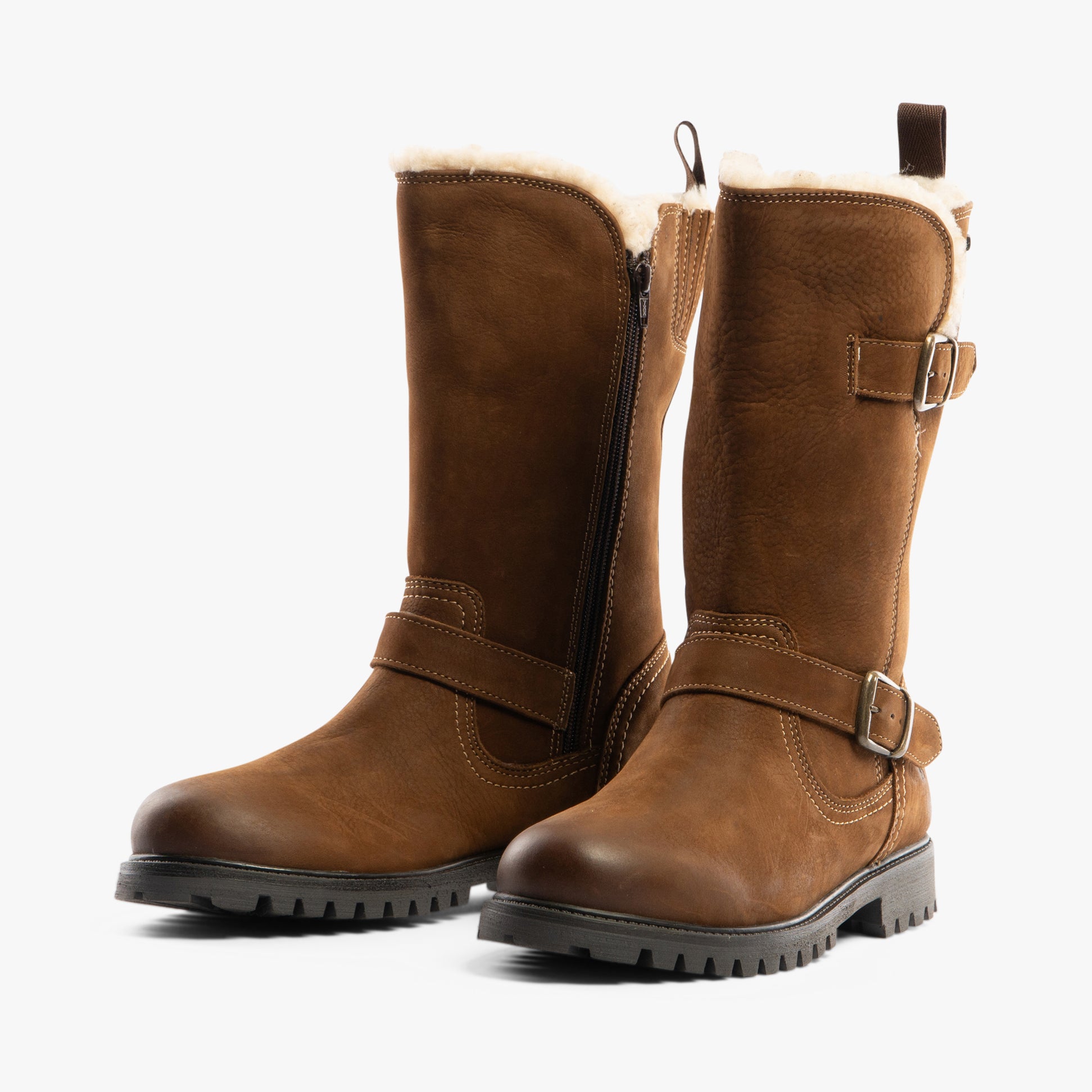 Hush Puppies WINNIE Womens Boots Tan side view featuring leather upper, block heel, and zip closure.