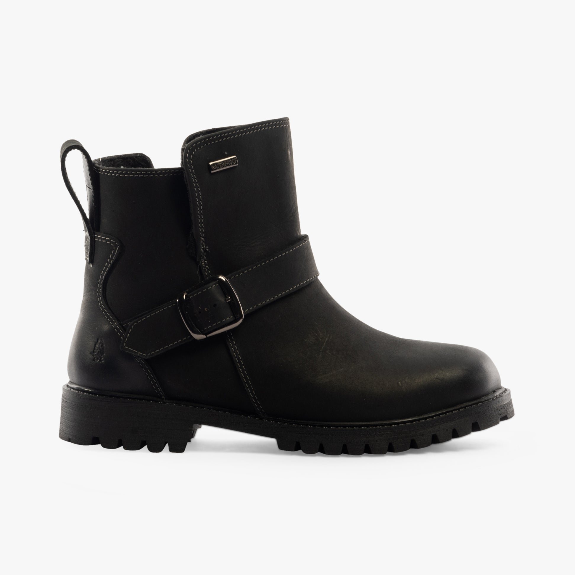 Hush Puppies WAKELY Womens Boots Black side view featuring leather upper, zip closure, and block heel.