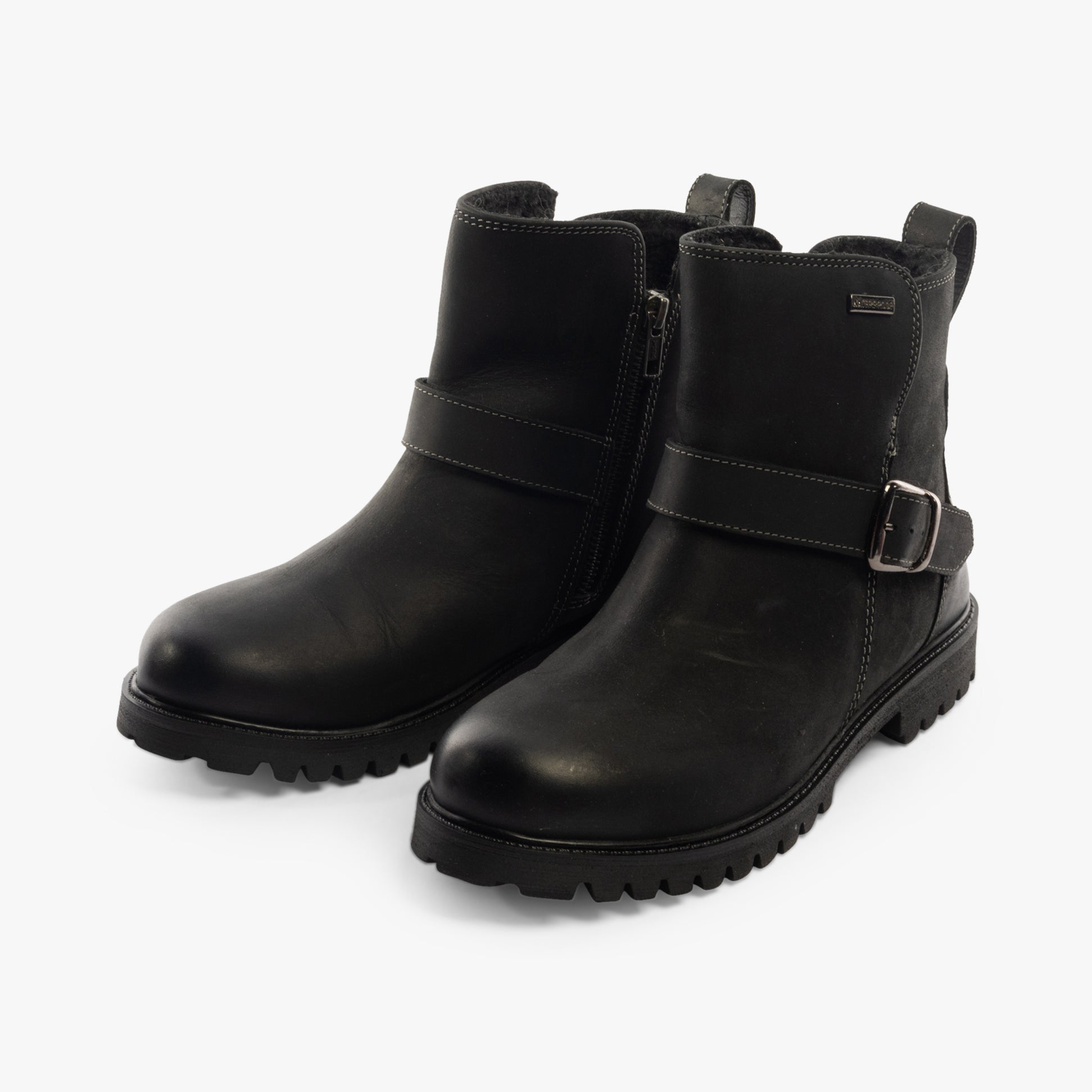 Hush Puppies WAKELY Womens Boots Black side view showcasing ankle height and buckle detail.