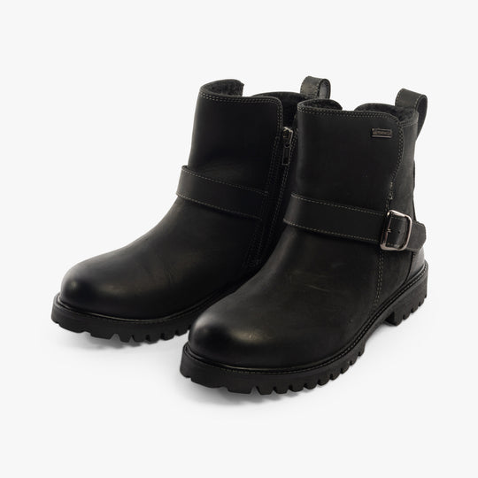 Hush Puppies WAKELY Womens Boots Black side view showcasing ankle height and buckle detail.