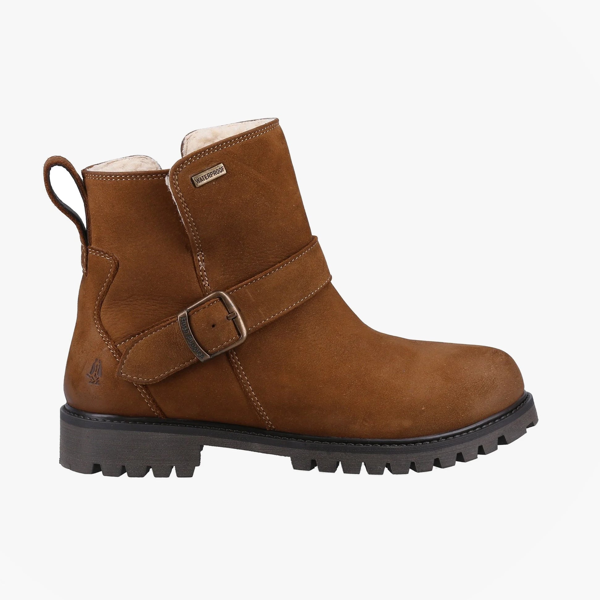 Hush Puppies WAKELY Womens Boots Tan side view showing leather upper, block heel, and adjustable strap design.
