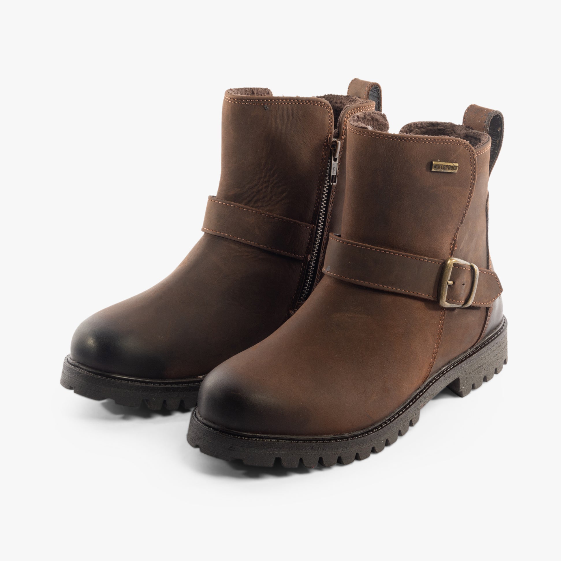 Hush Puppies WAKELY Womens Boots Brown side view showcasing leather upper and zip closure with strap detail.
