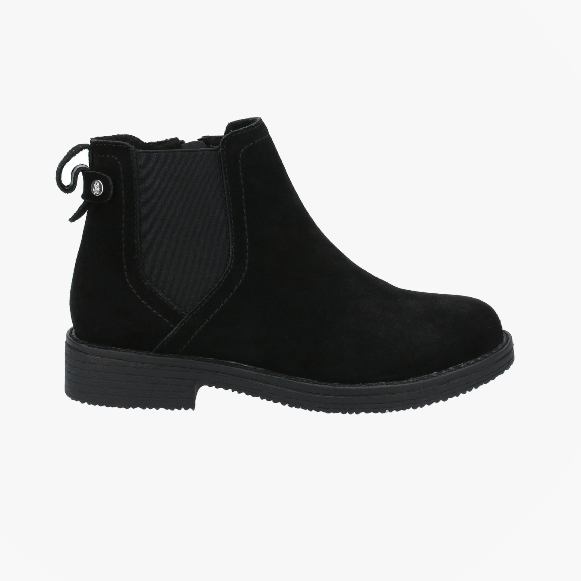 Hush Puppies MADDY WIDE Womens Leather Chelsea Boots Black side view showcasing stylish design and comfortable fit.