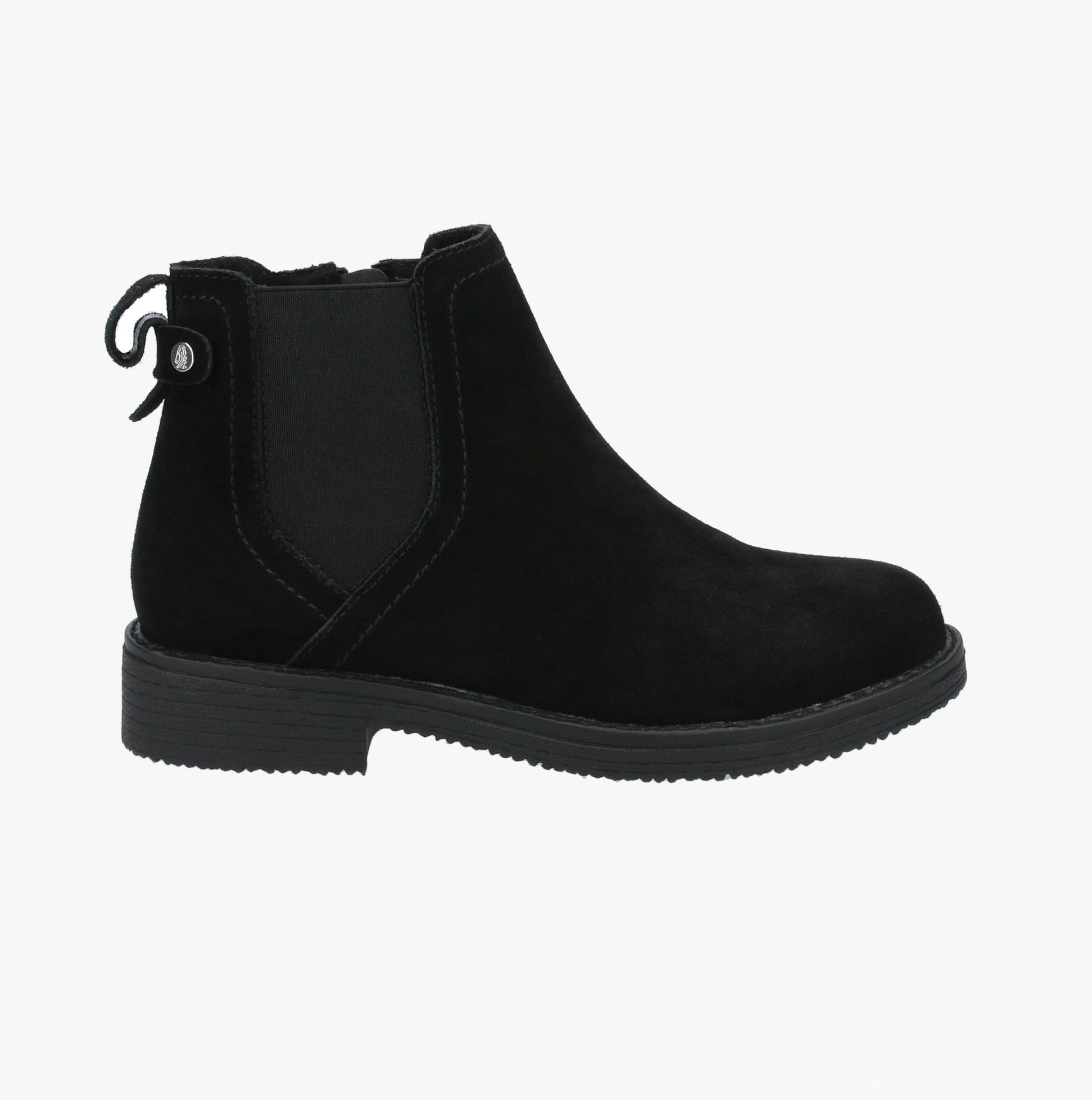 Hush Puppies MADDY WIDE Womens Leather Chelsea Boots Black side view showcasing stylish design and comfortable fit.