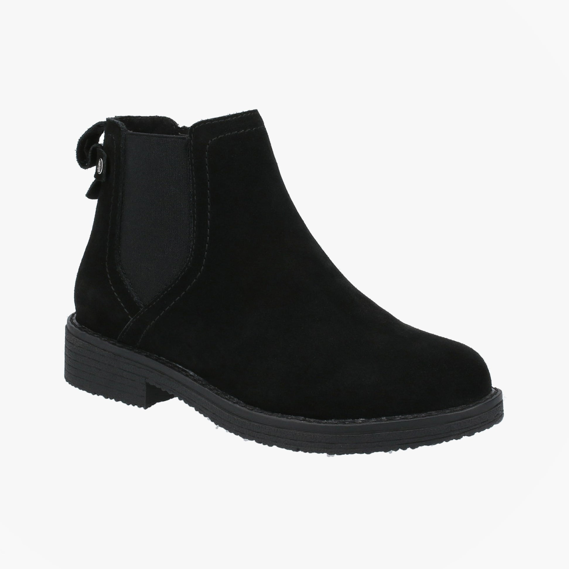 Hush Puppies MADDY WIDE Womens Leather Chelsea Boots Black side view showcasing soft black leather design.