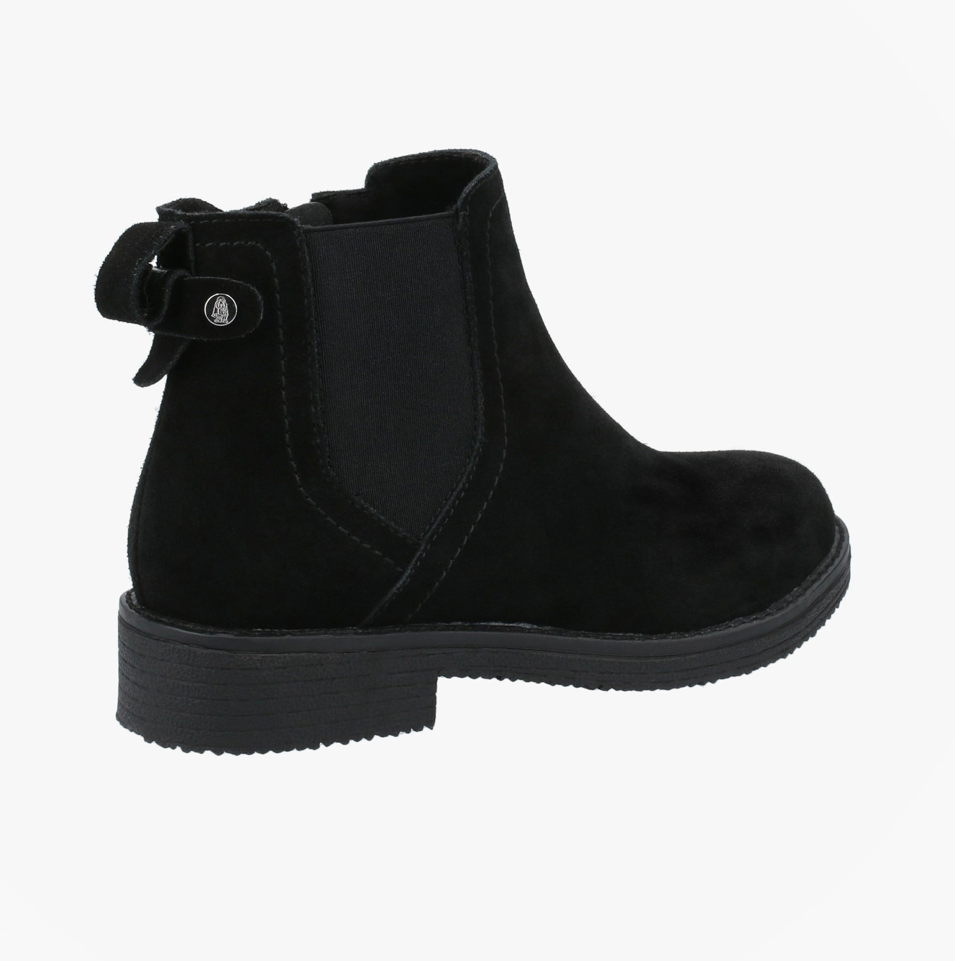 Hush Puppies MADDY WIDE Womens Leather Chelsea Boots Black side view showcasing suede upper and elastic side panels.