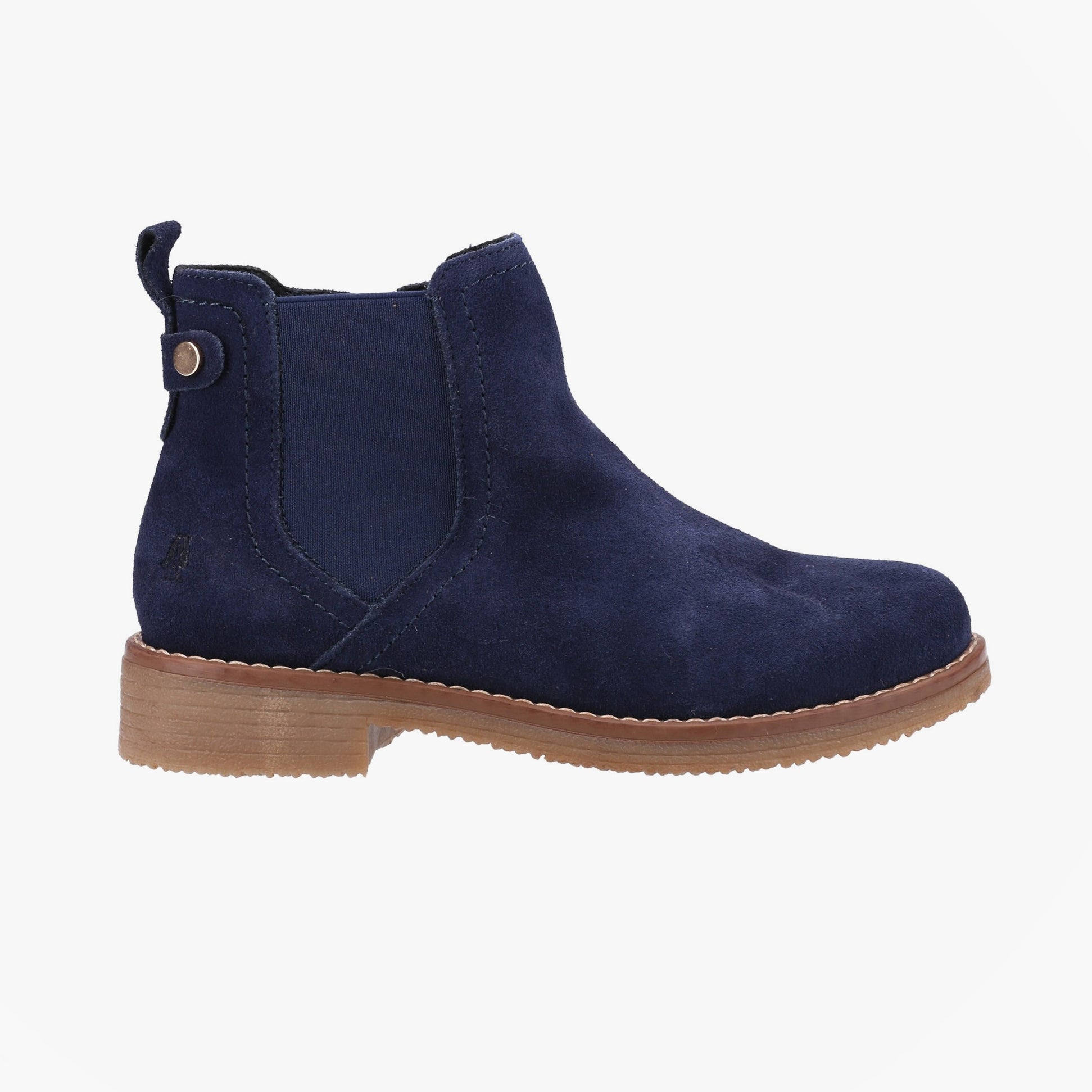 Hush Puppies MADDY WIDE Womens Chelsea Boots Navy side view showing suede upper and low heel.