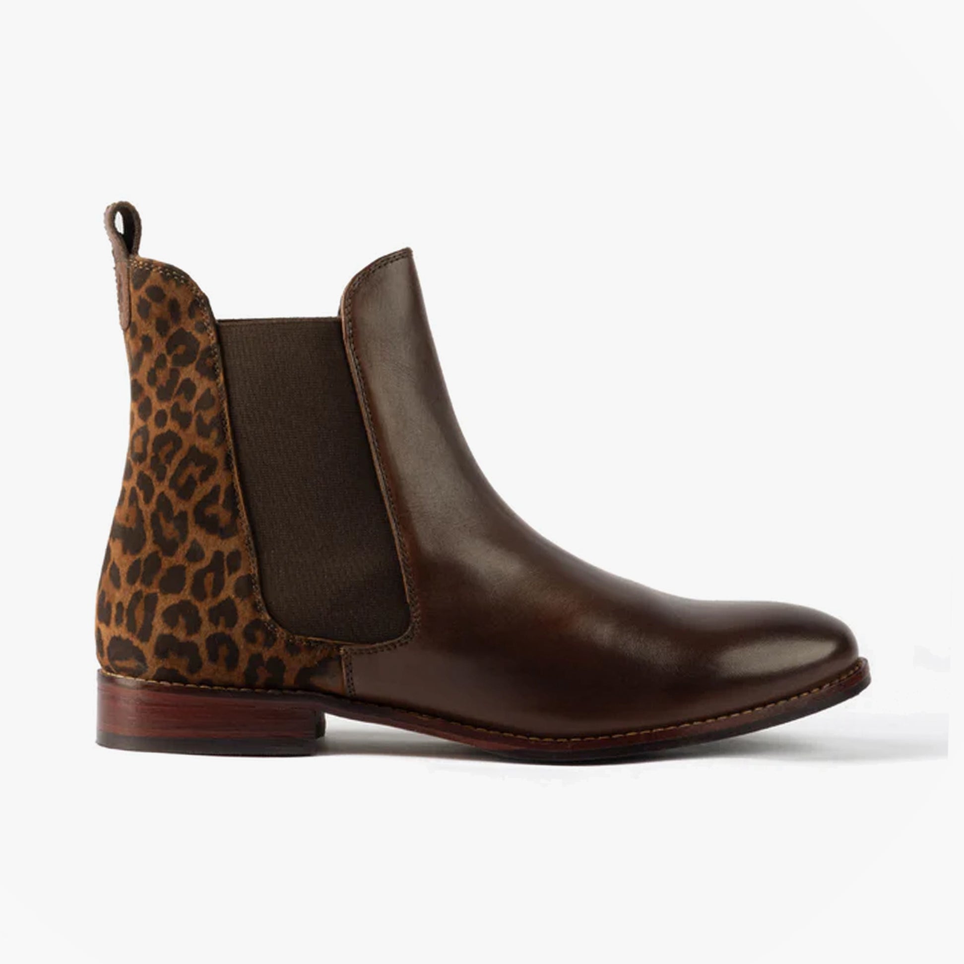 Hush Puppies COLETTE Womens Boots Leopard side view showcasing leather and leopard print Chelsea boots.
