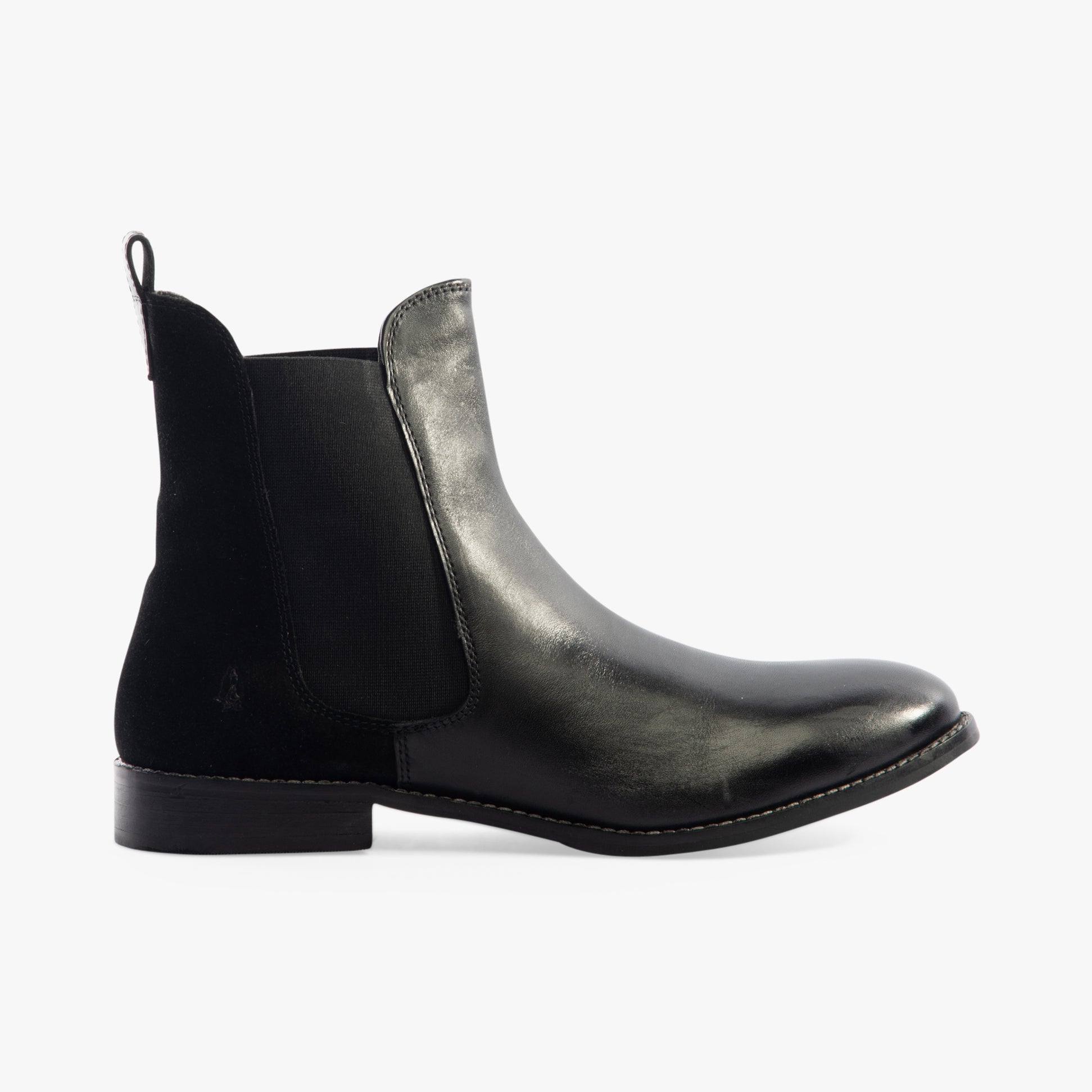Hush Puppies COLETTE Womens Boots Black side view showcasing leather upper and block heel.