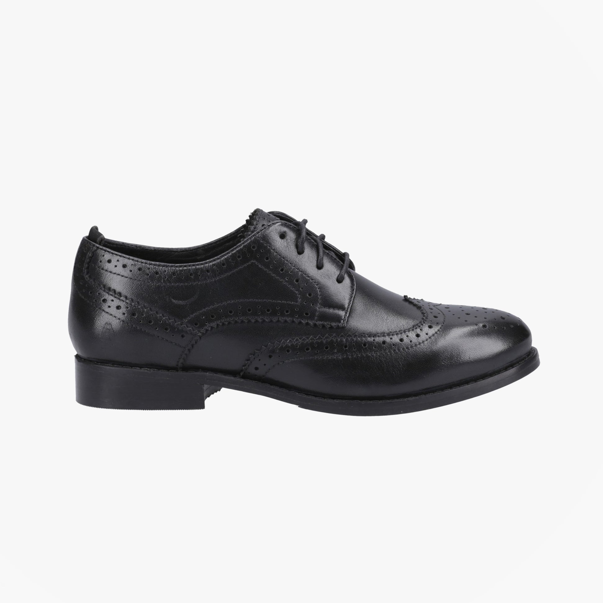 Hush Puppies NATALIA Womens Brogue Shoes Black side view with lace-up closure and detailed brogue design.