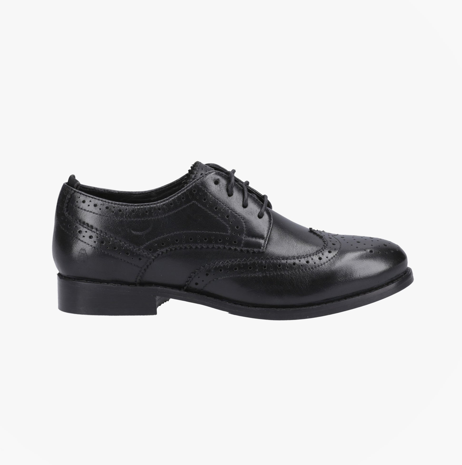 Hush Puppies NATALIA Womens Brogue Shoes Black side view with lace-up closure and detailed brogue design.