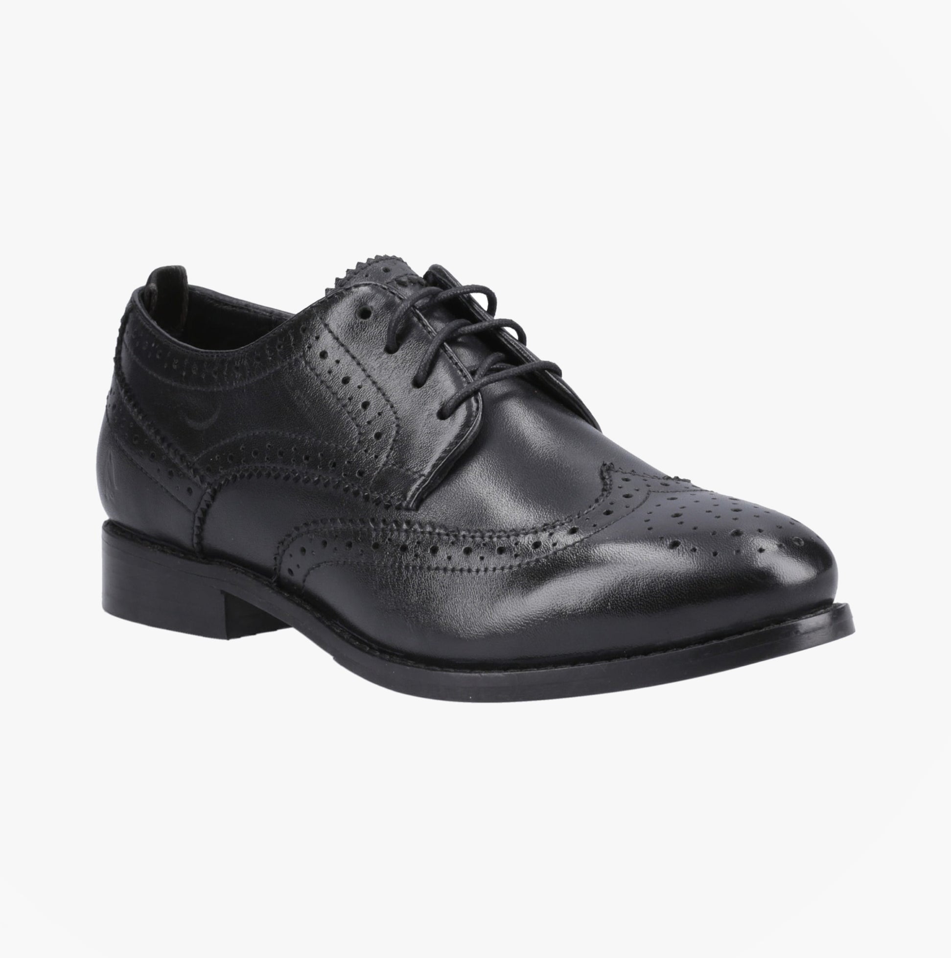 Hush Puppies NATALIA Womens Brogue Shoes Black side view showcasing leather upper and lace-up closure.