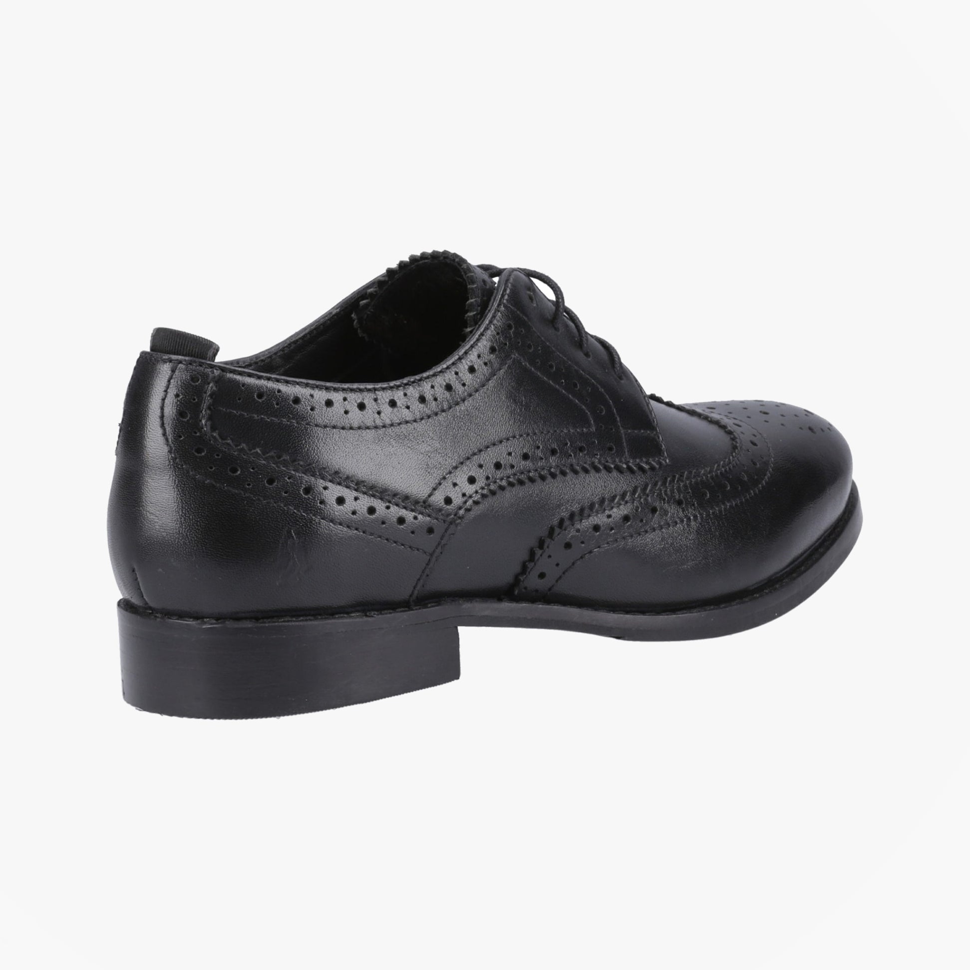Hush Puppies NATALIA Womens Brogue Shoes Black side view showing leather upper and brogue detailing.