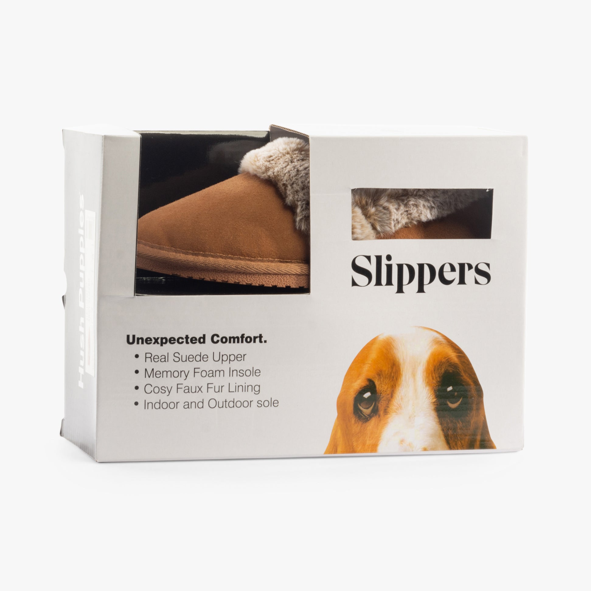 Hush Puppies ARIEL Womens Slippers Tan side view in gift box showcasing suede upper and faux fur lining.