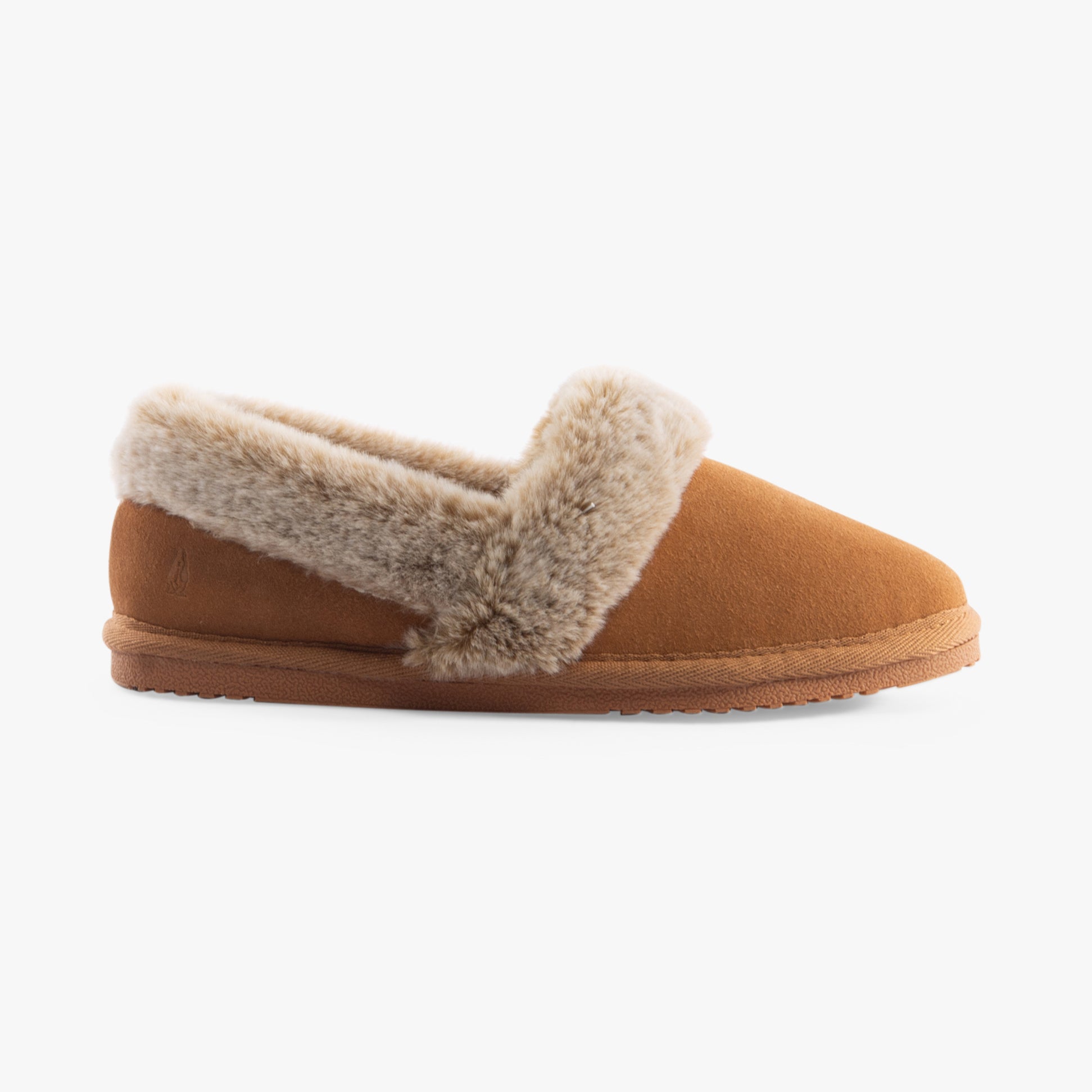 Hush Puppies ARIEL Womens Slippers Tan side view showcasing suede upper and faux fur lining for comfort.