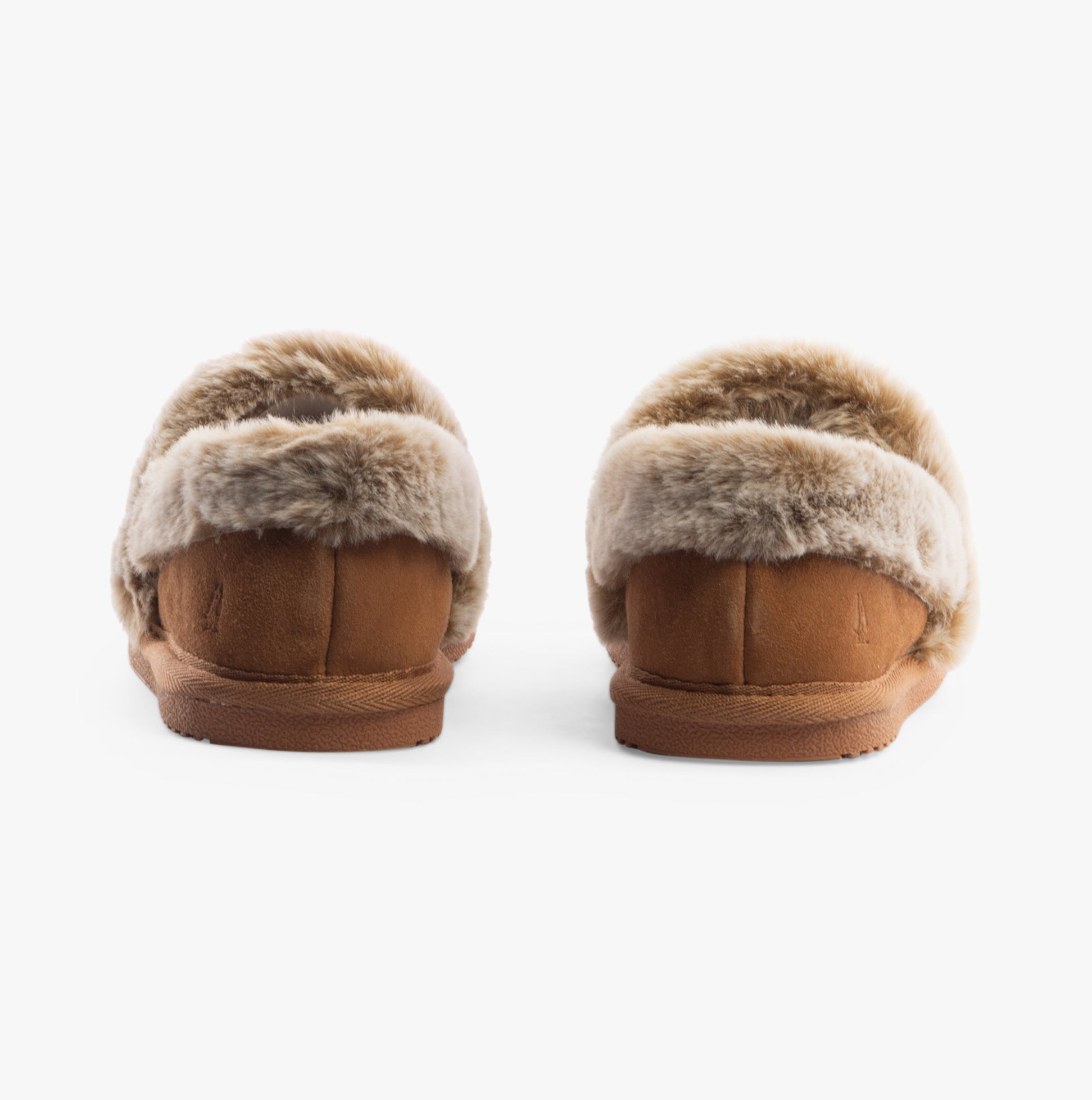 Hush Puppies ARIEL Womens Slippers Tan rear view showing soft faux fur lining and suede upper.