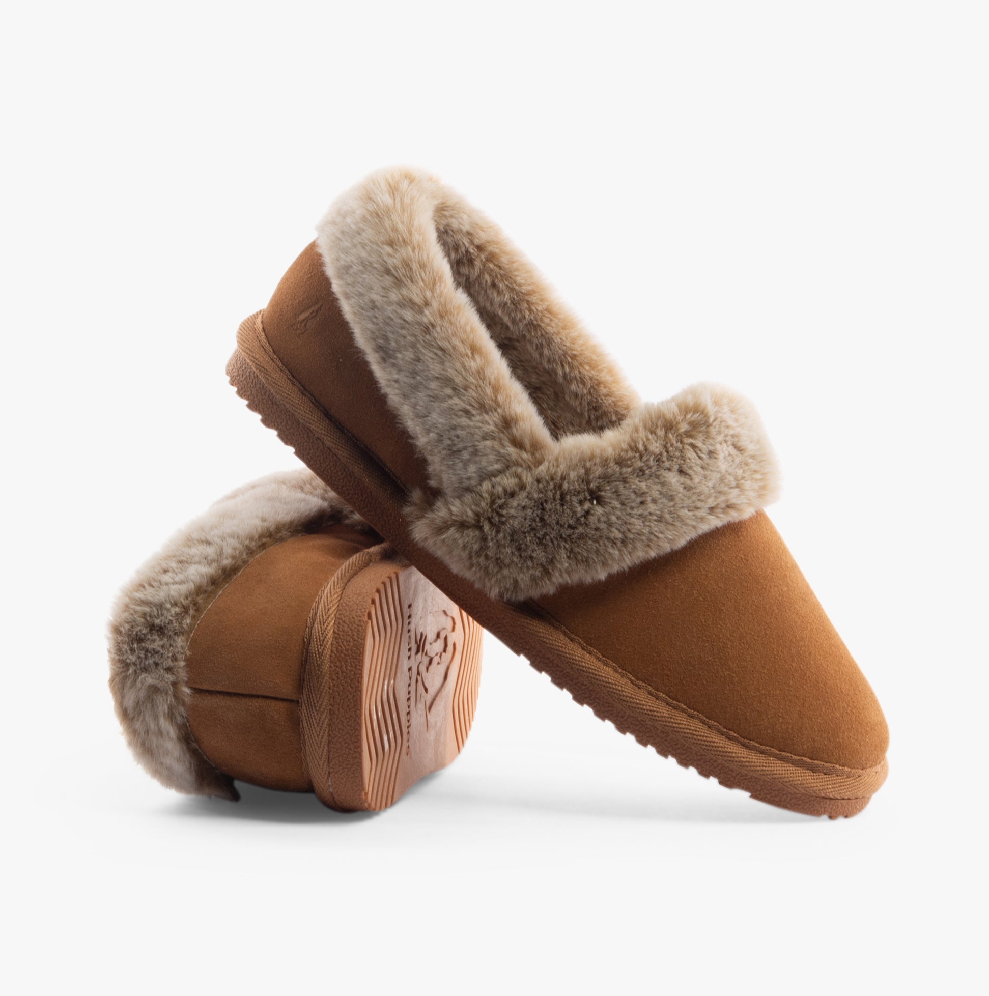 Hush Puppies ARIEL Womens Slippers Tan side and angled view showing suede upper and faux fur lining.