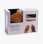 Hush Puppies AMARA Womens Slippers Tan in gift box showcasing real suede upper and faux fur lining, side view.