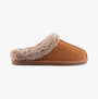 Hush Puppies AMARA Womens Slippers Tan side view showing suede upper and faux fur lining.