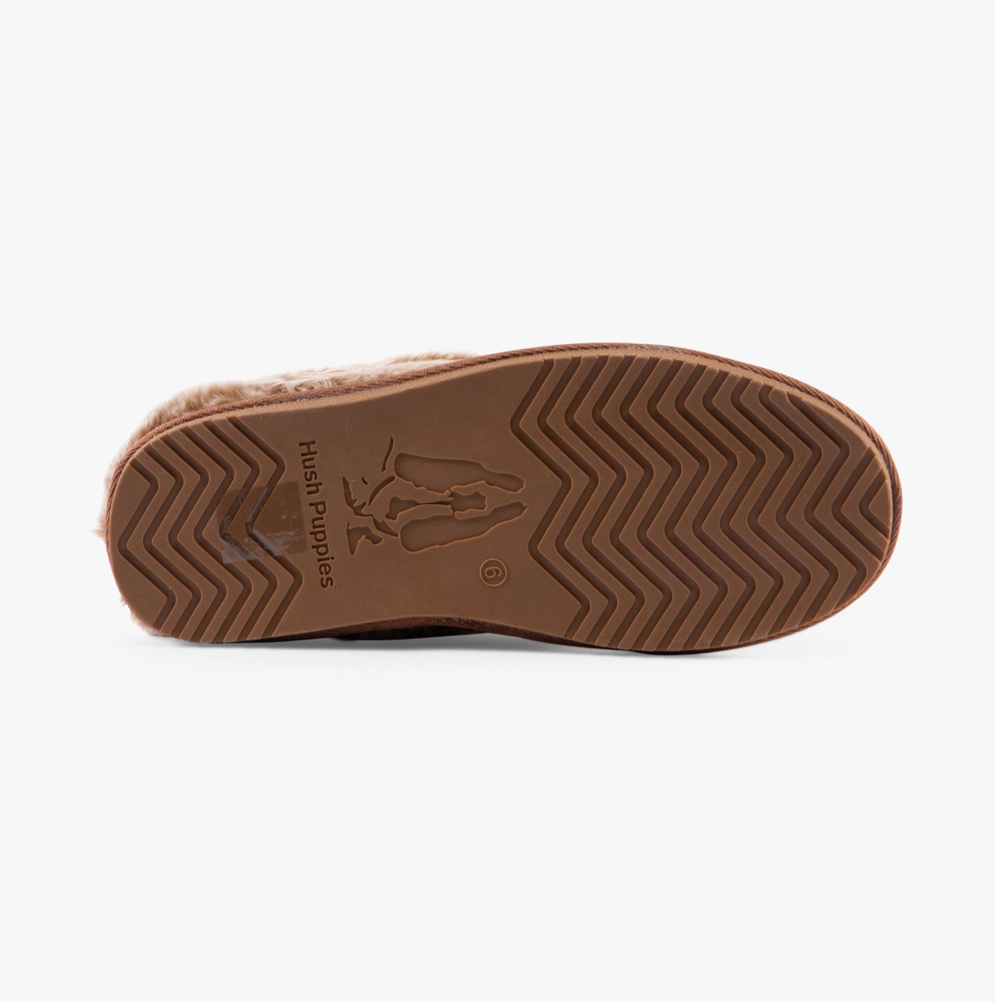 Hush Puppies AMARA Womens Slippers Tan bottom view showing TPR sole with logo and zigzag pattern.