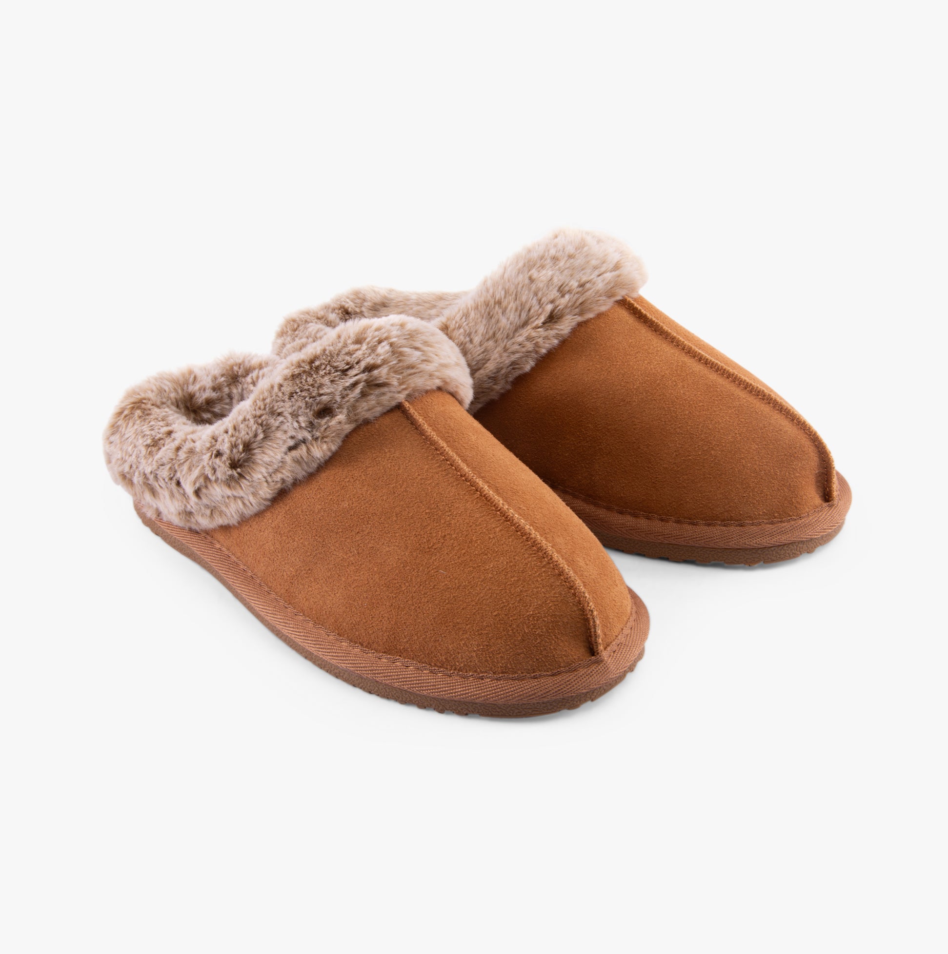 Hush Puppies AMARA Womens Slippers Tan side view showcasing suede upper and faux fur lining.