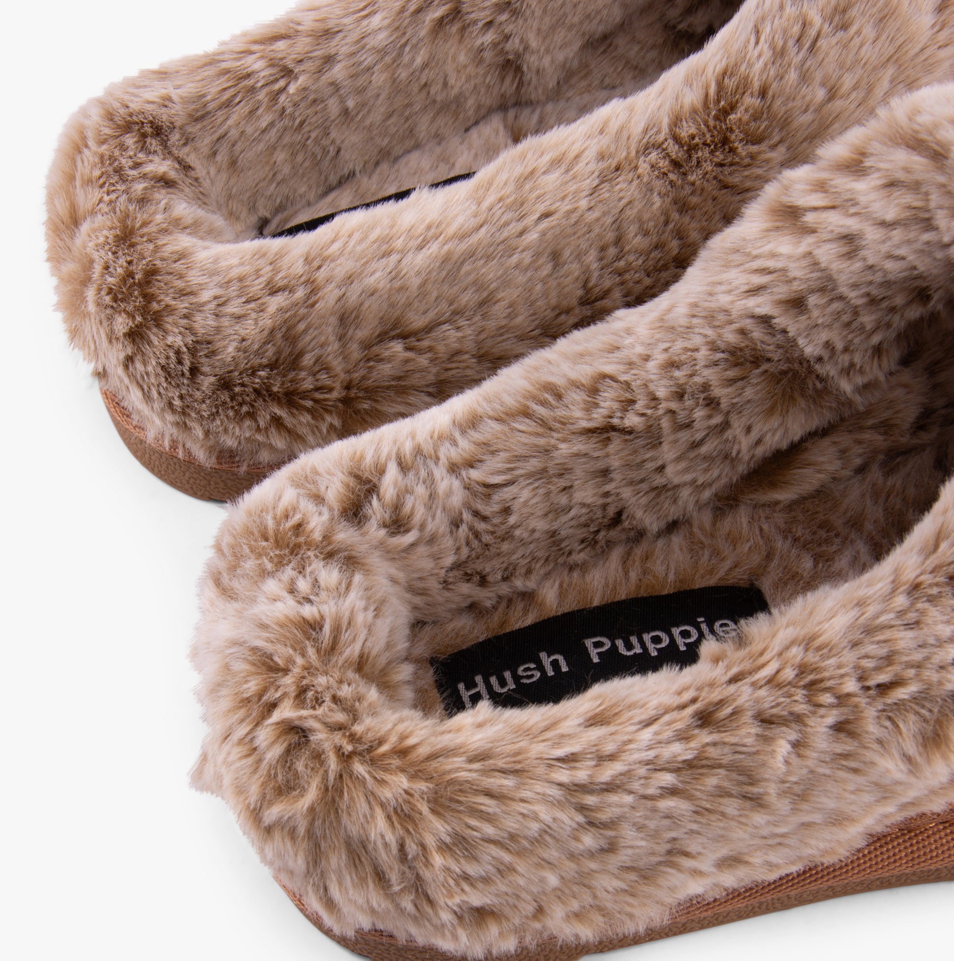 Hush Puppies AMARA Womens Slippers Tan detail view showing soft faux fur lining for comfort.
