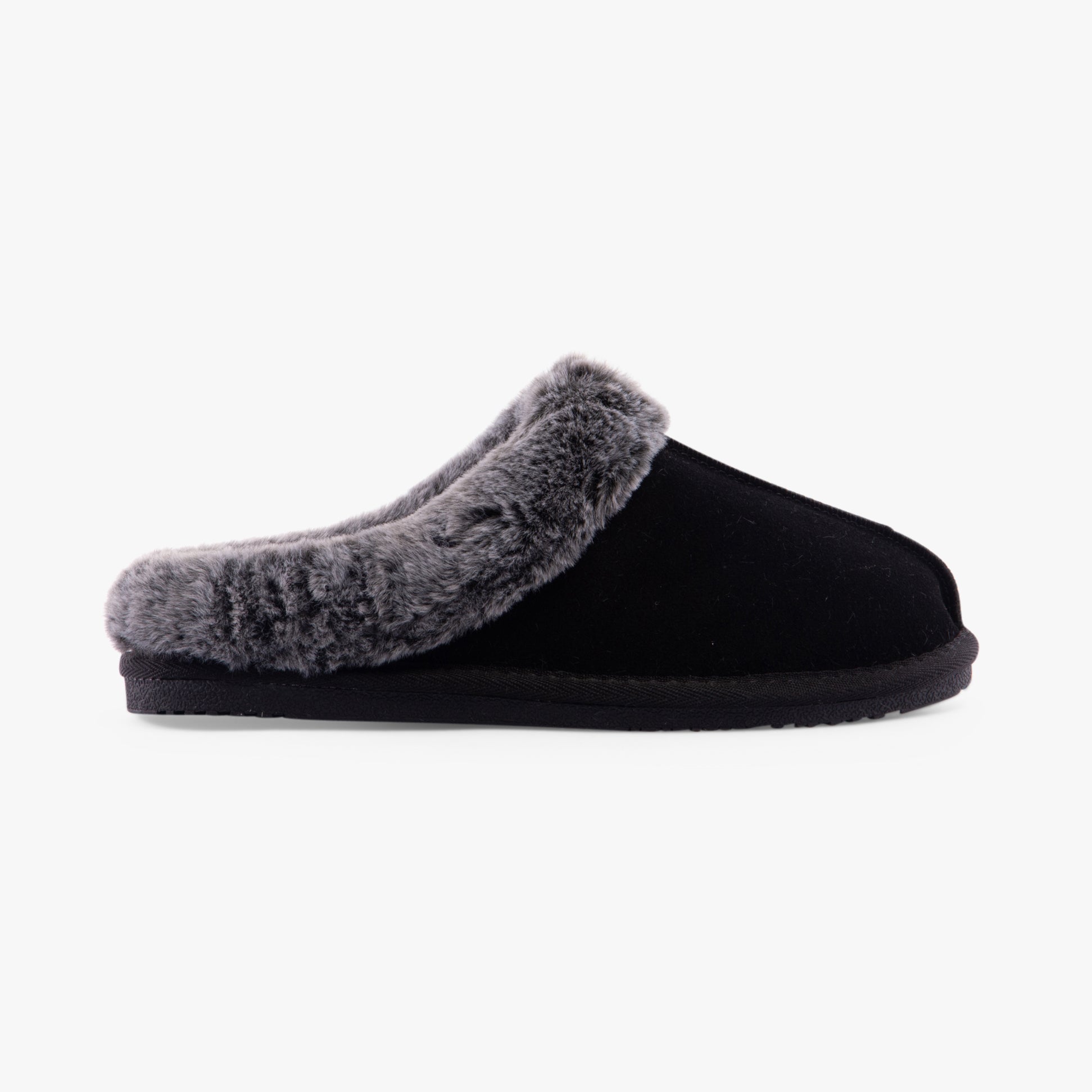 Hush Puppies AMARA Womens Slippers Black side view showing suede upper and faux fur lining for comfort.