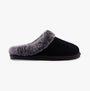 Hush Puppies AMARA Womens Slippers Black side view showing suede upper and faux fur lining for comfort.