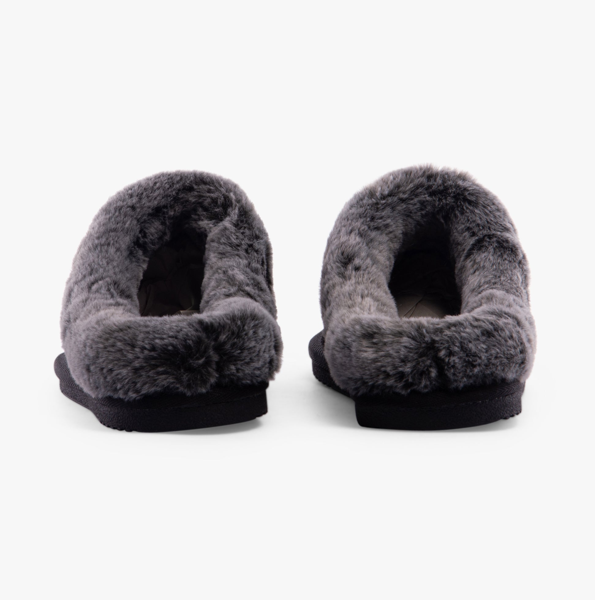 Hush Puppies AMARA Womens Slippers Black rear view showing soft faux fur lining and slip-on design.