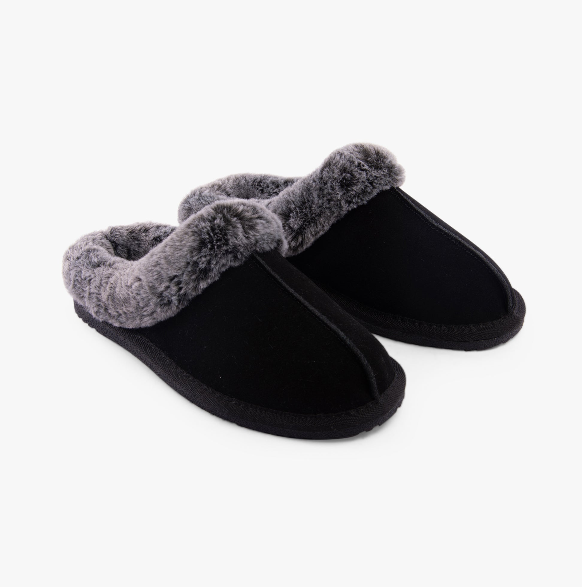 Hush Puppies AMARA Womens Slippers Black side view showcasing suede and faux fur design with slip-on style.