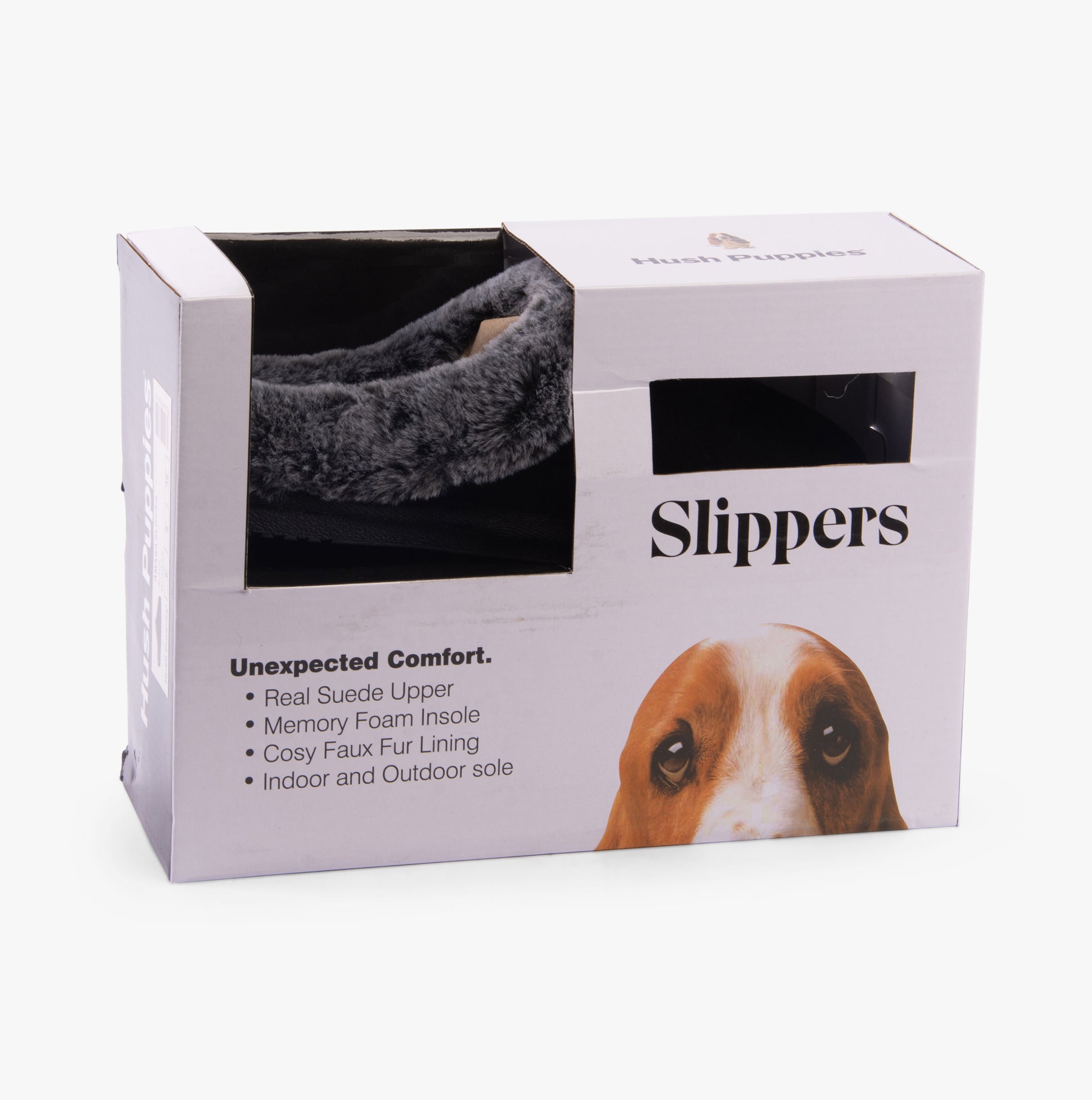Hush Puppies AMARA Womens Slippers Black gift box view showing suede upper and faux fur lining.