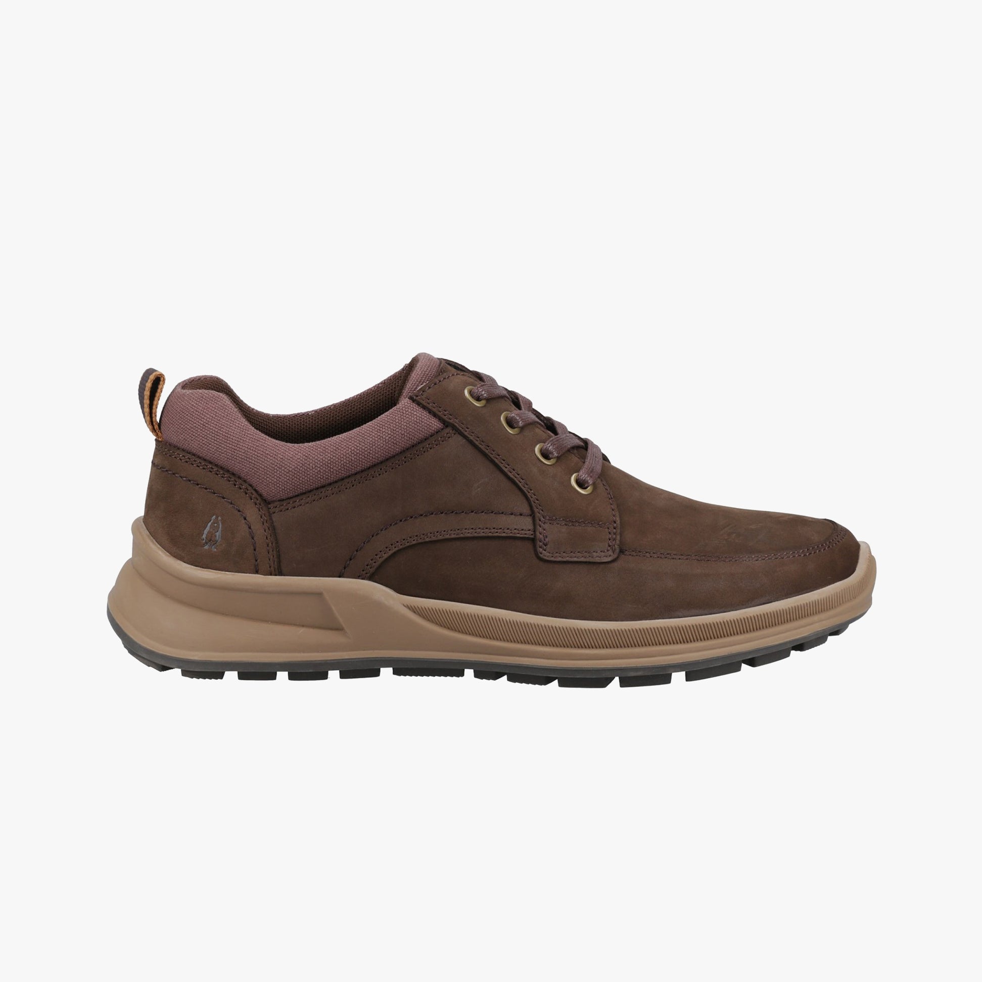 Hush Puppies ADAM Mens Shoes Brown side view showing nubuck upper, lace-up closure, and rubber sole.