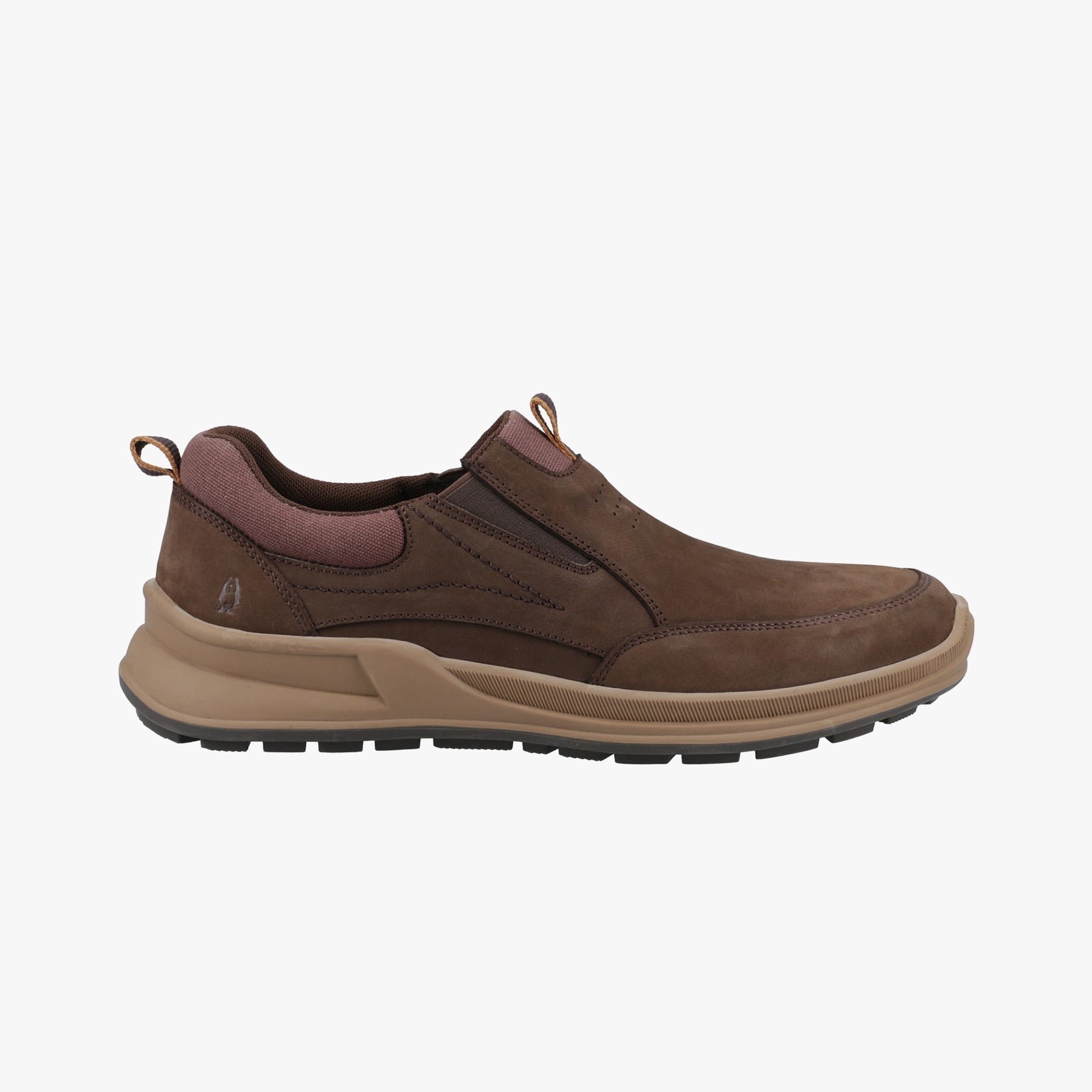 Hush Puppies ARTHUR Mens Shoes Brown side view, casual nubuck slip-on shoes with rubber sole and memory foam.
