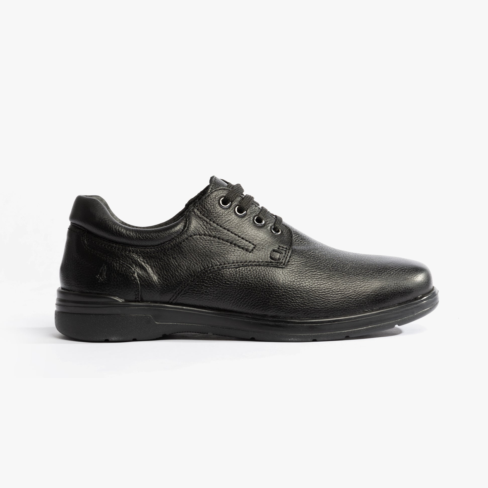 Hush Puppies MARCO Mens Shoes Black side view showing leather upper, lace-up closure, and flat sole.