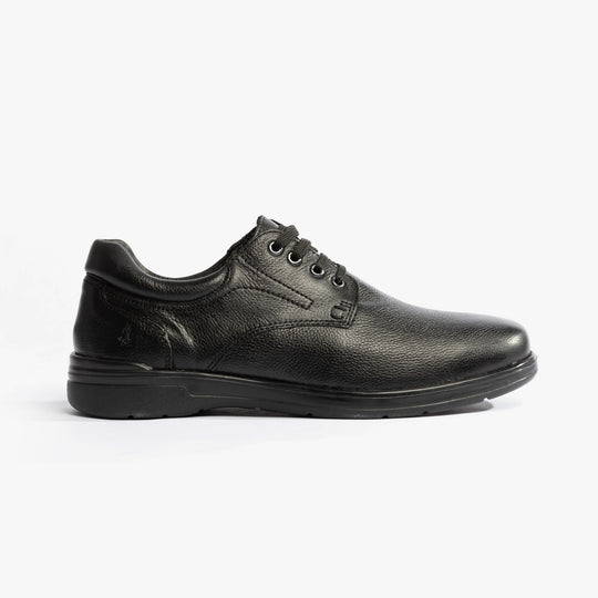 Hush Puppies MARCO Mens Shoes Black side view showing leather upper, lace-up closure, and flat sole.