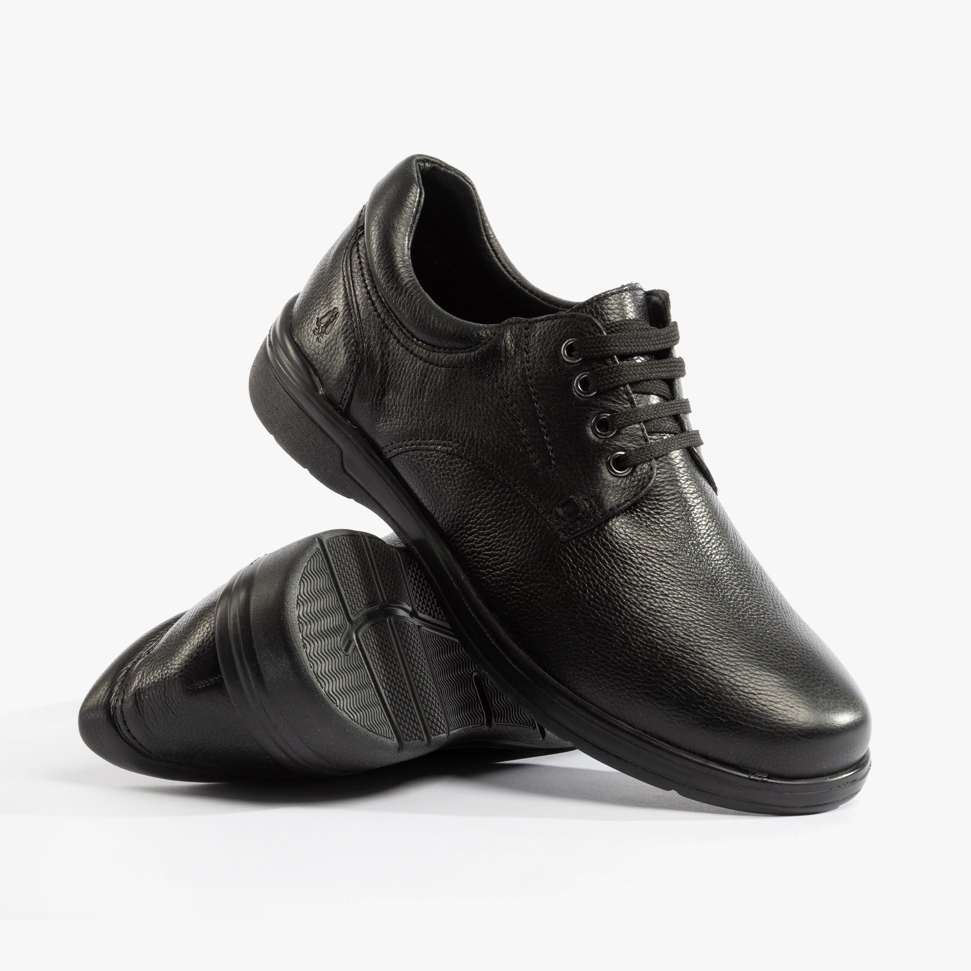 Hush Puppies MARCO Mens Shoes Black side view showcasing leather upper and lace-up closure.