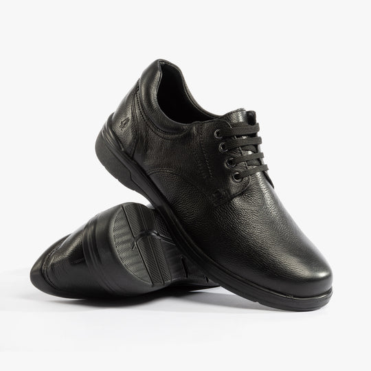 Hush Puppies MARCO Mens Shoes Black side view showcasing leather upper and lace-up closure.
