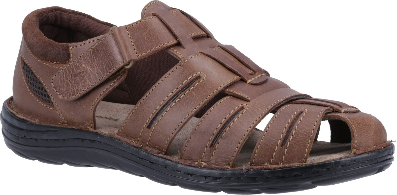 Hush Puppies ALBERT Mens Sandals Tan side view showing leather upper, pull-on design, and lightweight sole.