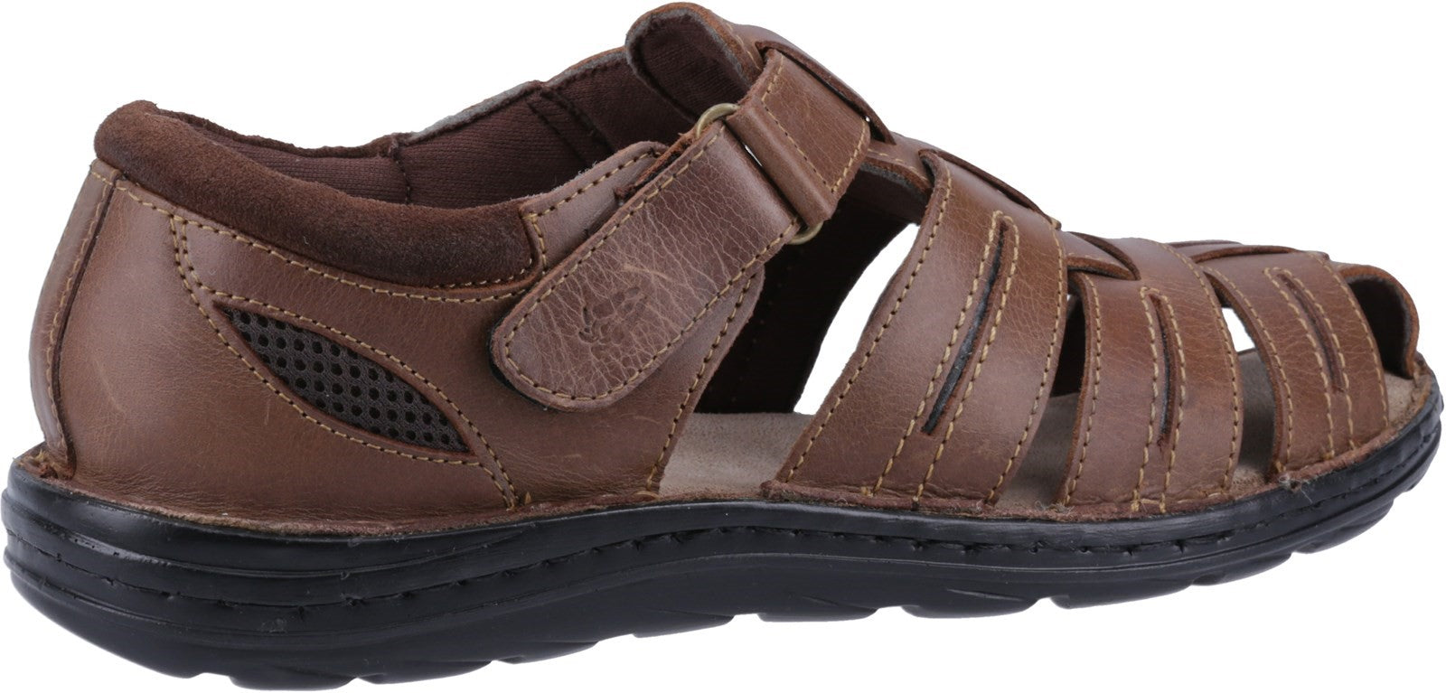 Hush Puppies ALBERT Mens Sandals Tan side view showing leather upper and comfortable design.