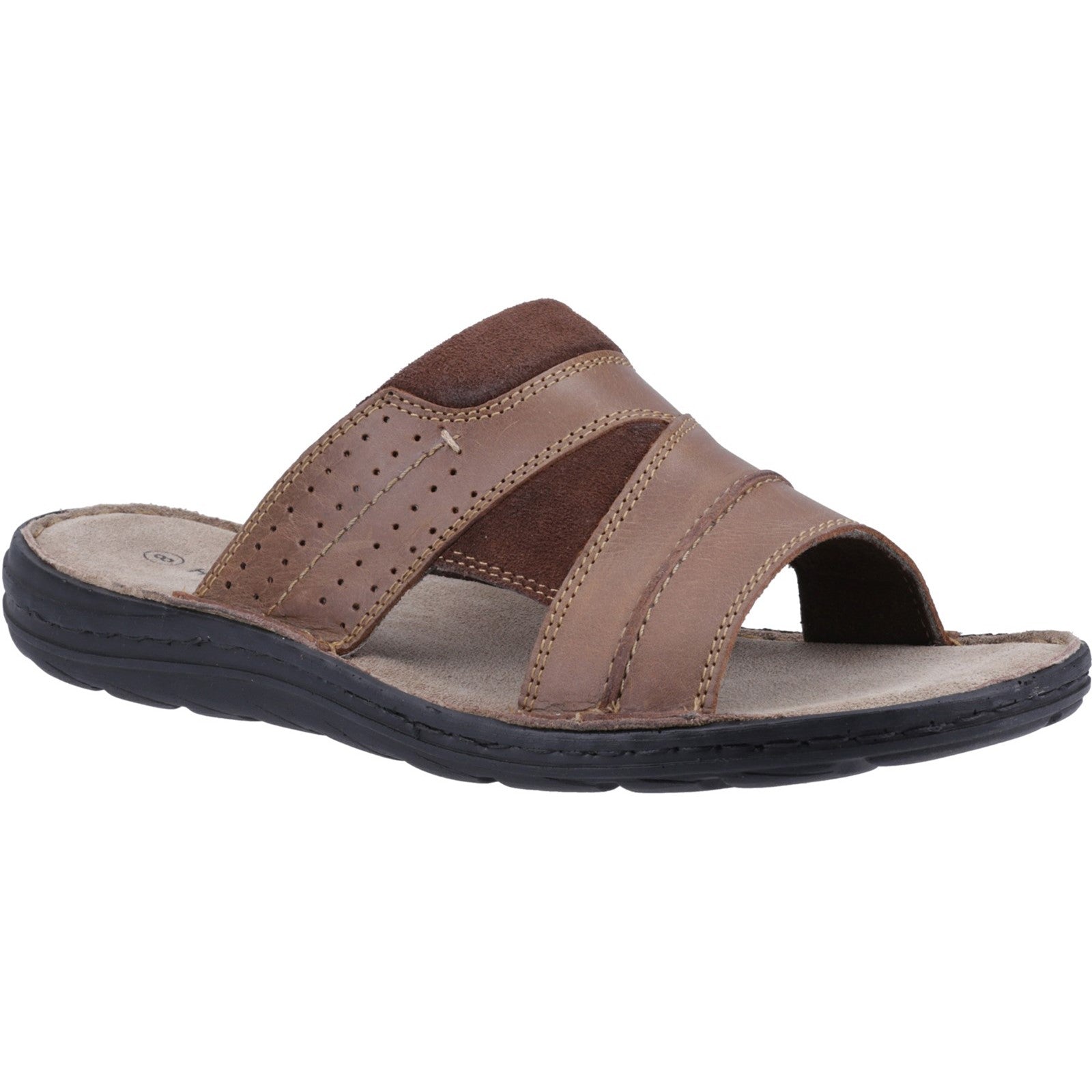 Hush Puppies ARCHER Mens Sandals Tan side view showing leather upper and slip-on design.