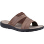 Hush Puppies ARCHER Mens Sandals Tan side view showing leather upper and slip-on design.
