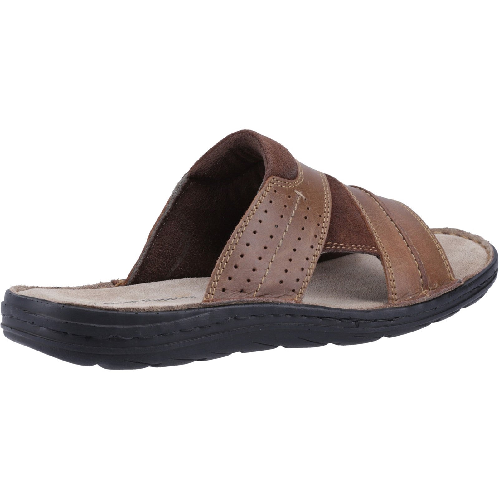 Hush Puppies ARCHER Mens Sandals Tan side view showcasing leather upper and flat sole design.
