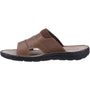 Hush Puppies ARCHER Mens Sandals Tan side view showing leather upper, textile lining, and flat sole design.