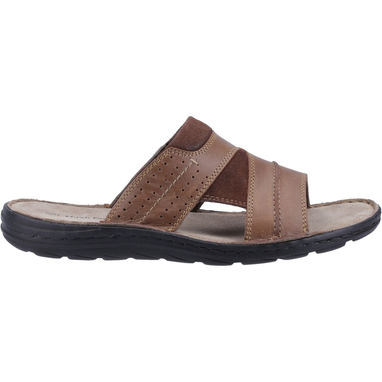 Hush Puppies ARCHER Mens Sandals Tan side view featuring comfortable leather upper and slip-on design.