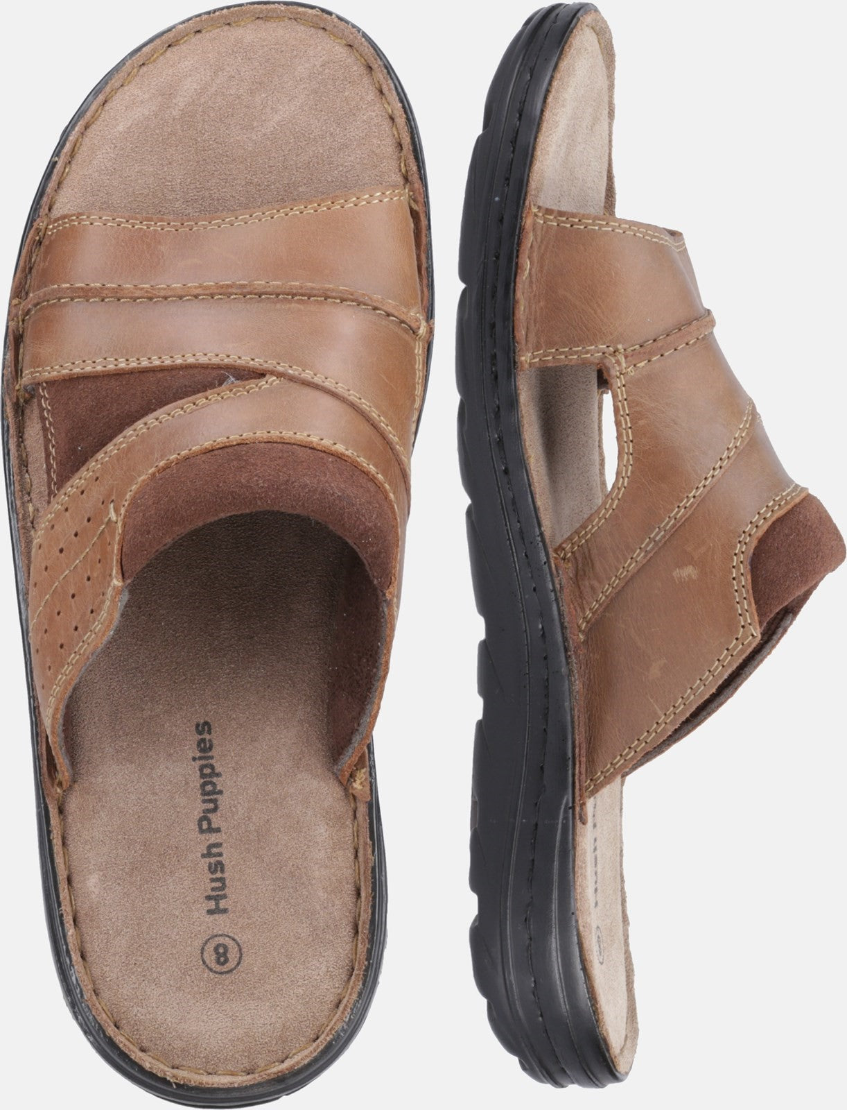 Hush Puppies ARCHER Mens Sandals Tan top view showcasing leather upper and slip-on design.