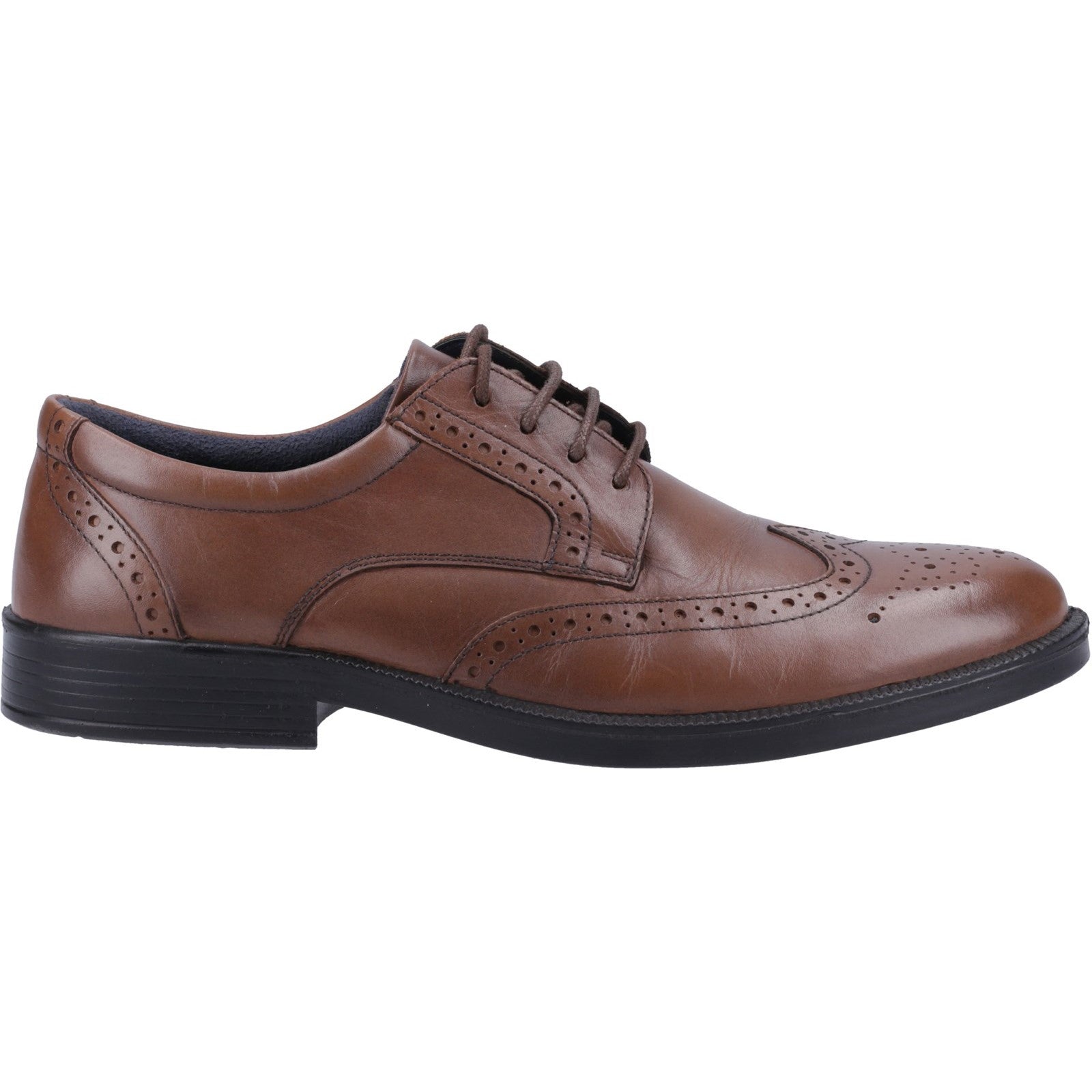 Hush Puppies NOLAN Mens Derby Shoes Tan side view showing leather upper, pointed toe, and lace-up design.